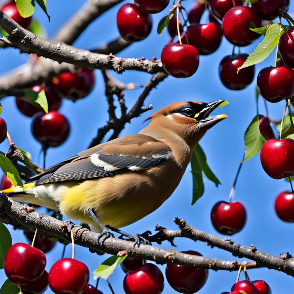 Cedar Waxwing Cherries in Black Cherry Tree