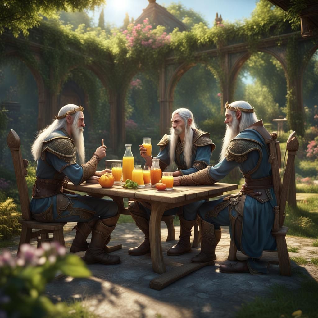 Elves in Garden Sipping Juice: Realistic Photography