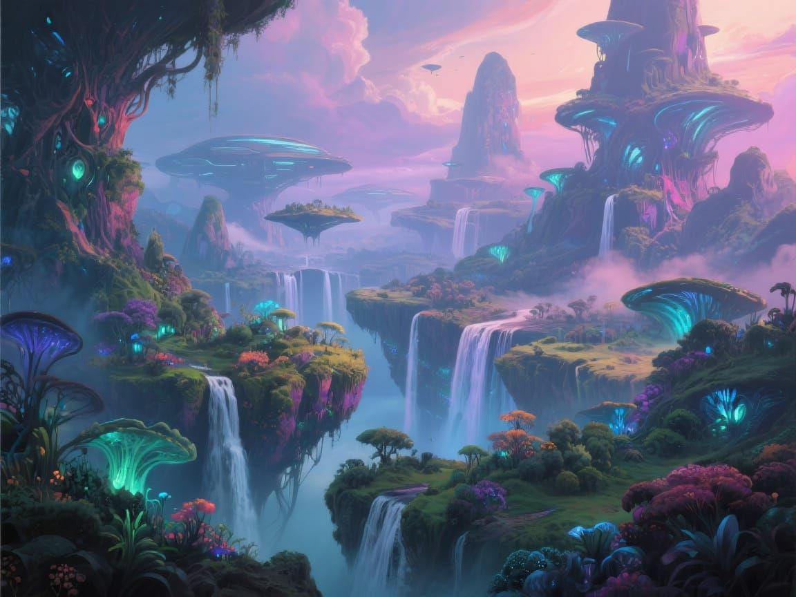 Bioluminescent Floating Islands as Airbrush Concept Art