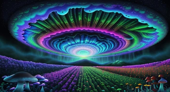 Man Smiling in Psychedelic Mushroom Field