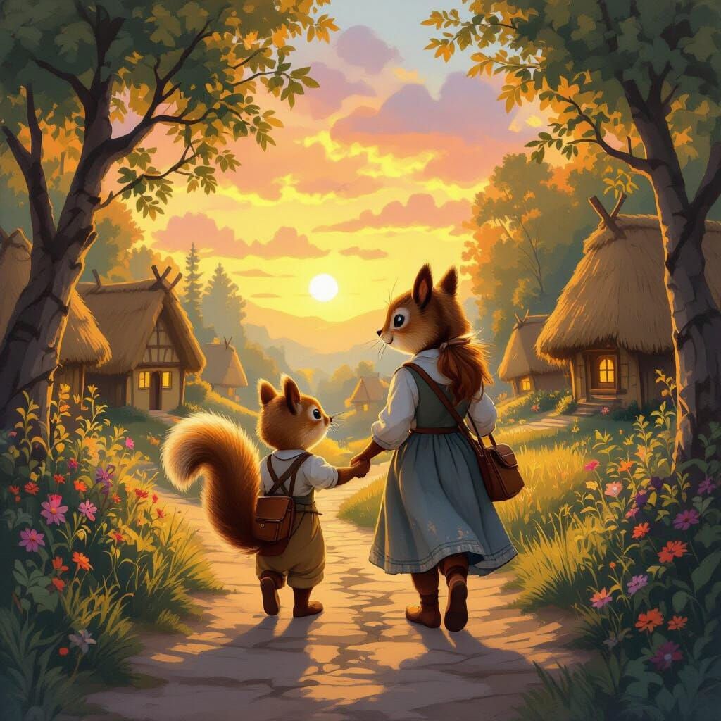 Squirrel Family Walks Towards Fairy Village at Sunset