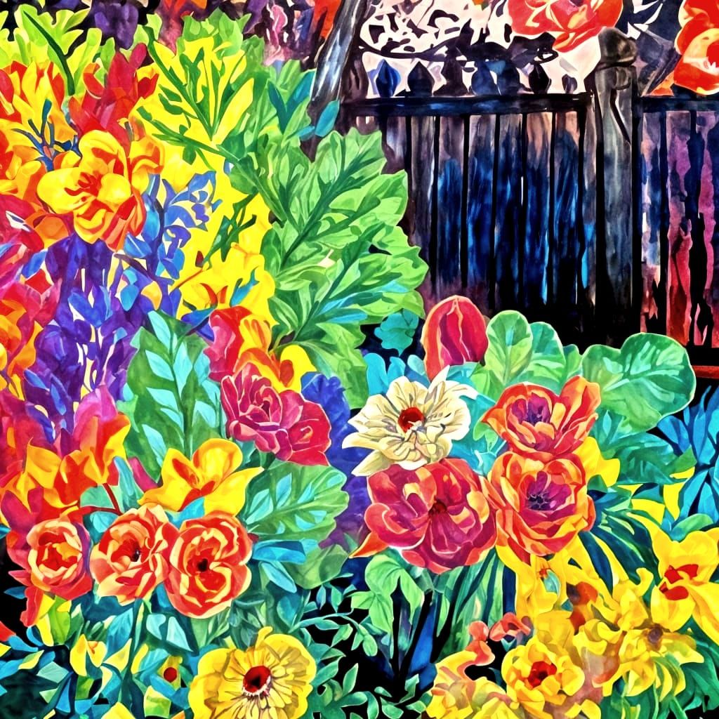 Rainbow Garden Gate in Linocut Style
