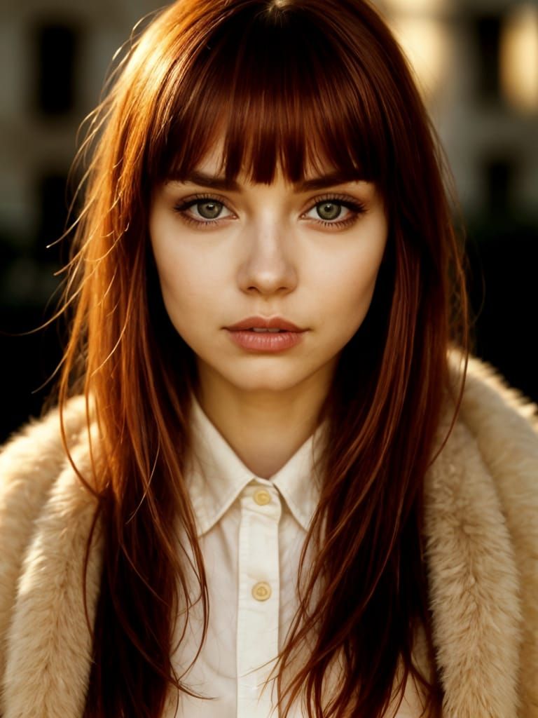 Fashion Portrait of Woman with Red Hair and Bangs