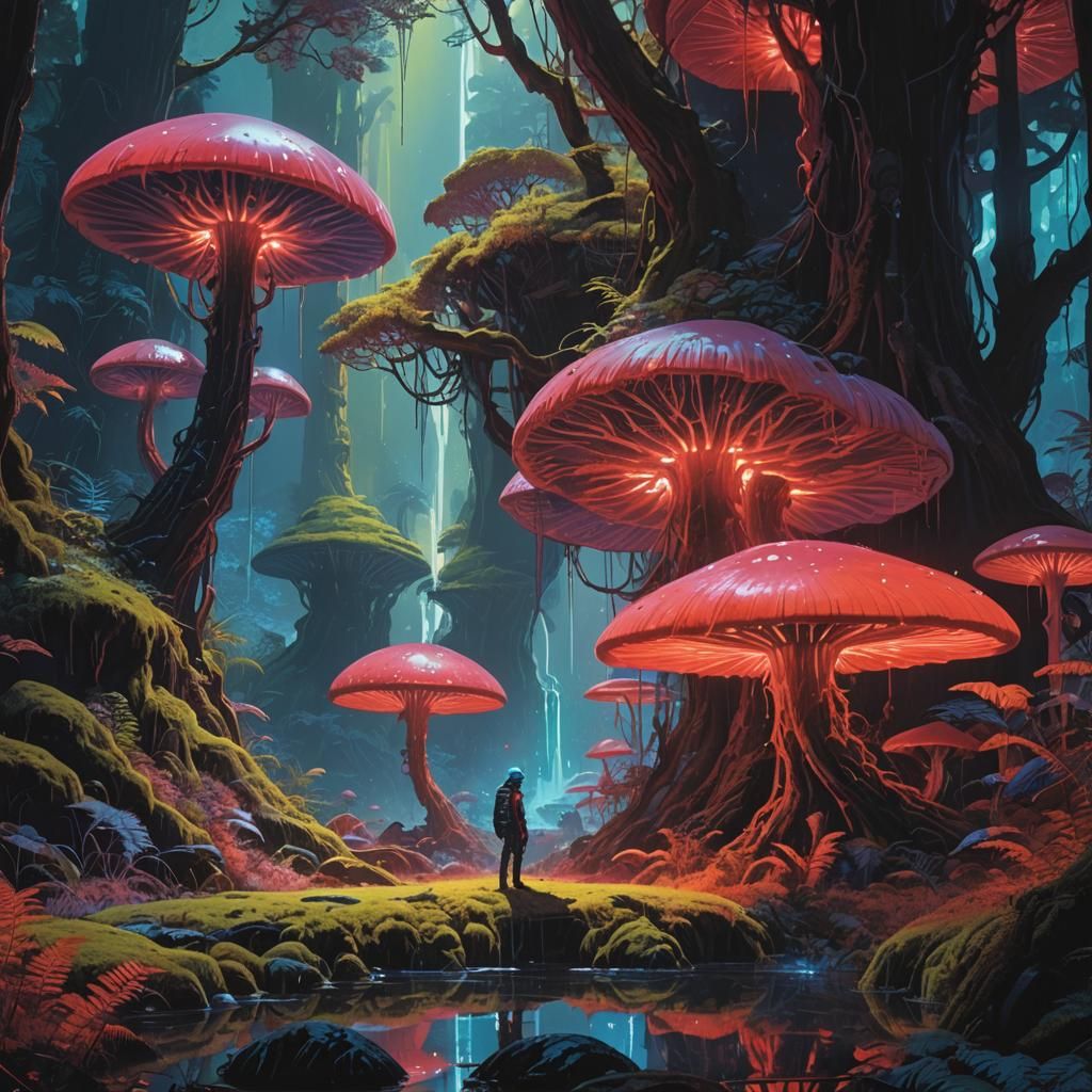 magical sci-fi alien fantasy neon blood+red waterfalls in ir...