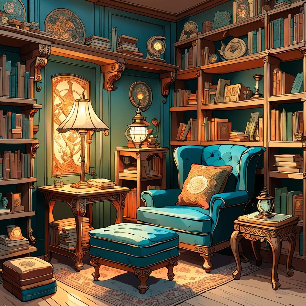Cozy Library in Alphonse Mucha Style