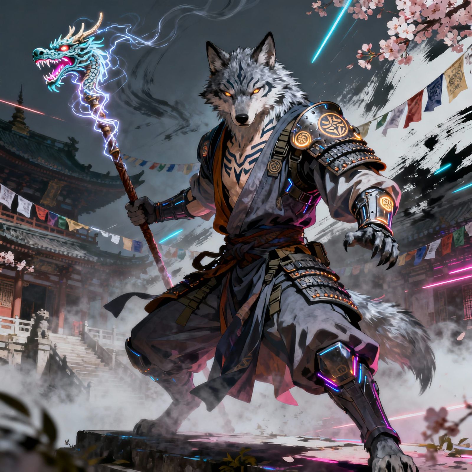 Anthropomorphic Wolf Monk in Dramatic Combat Pose