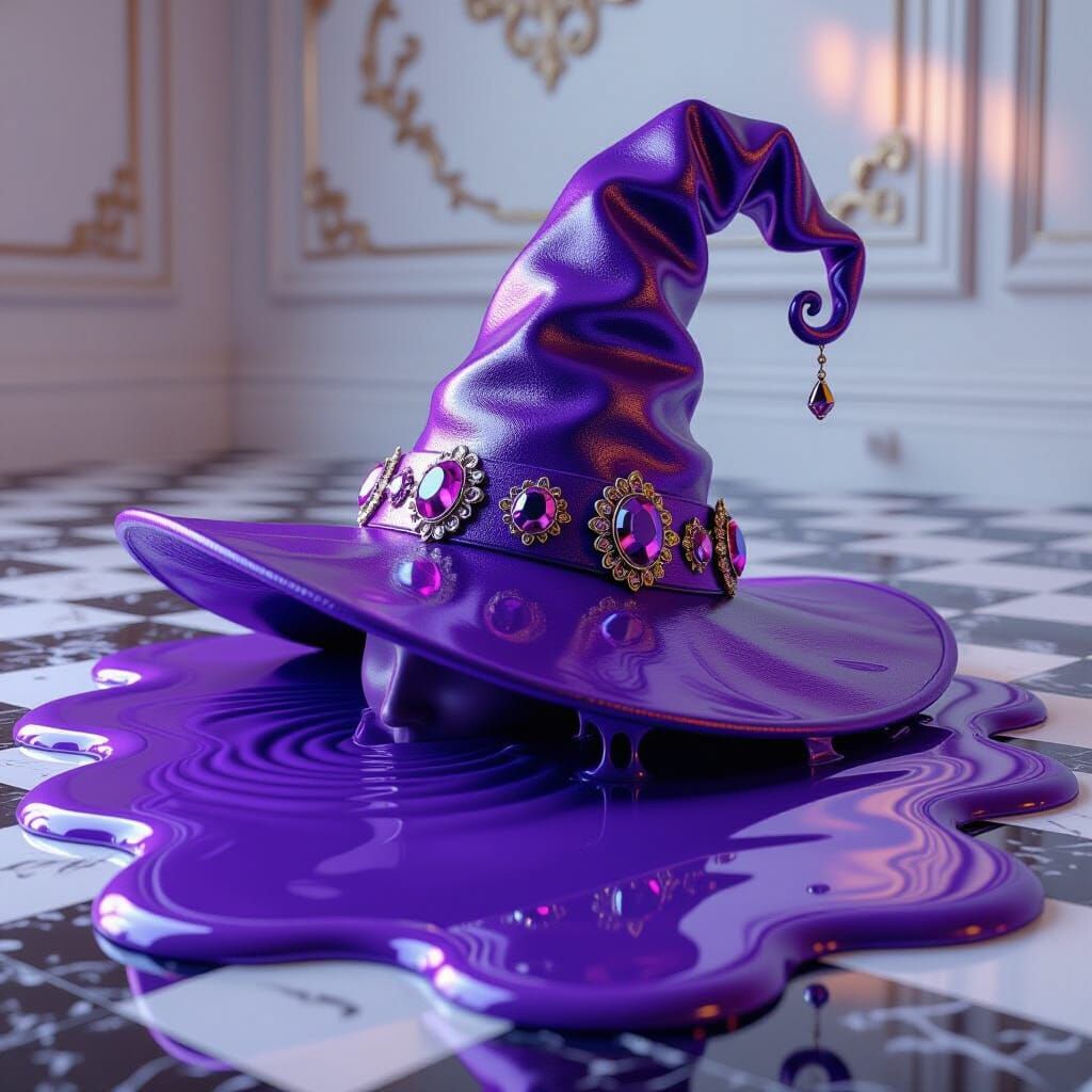 Surreal Melting Witch Hat on Checkered Floor