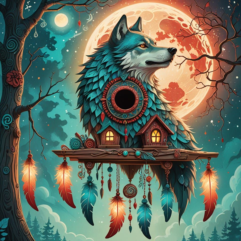 Cartoon Wolf Birdhouse Howling at Moon in Fantasy Art