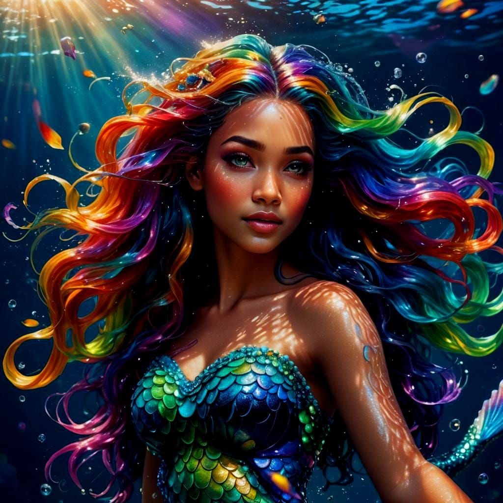 Radiant Mermaid with Rainbow Hair in Underwater Scene