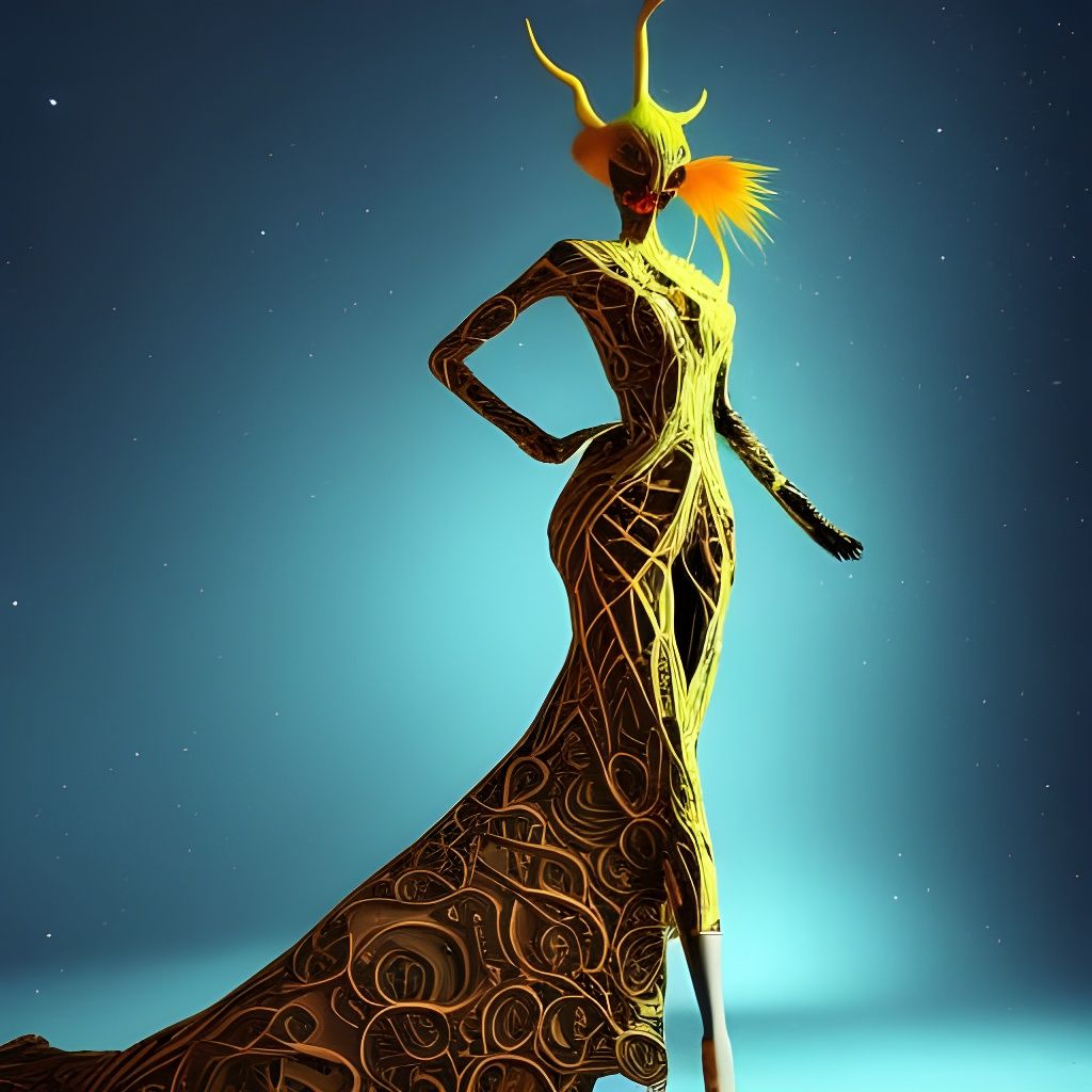 An Alien high fashion catwalk model, wearing alien haute-couture evening wear.