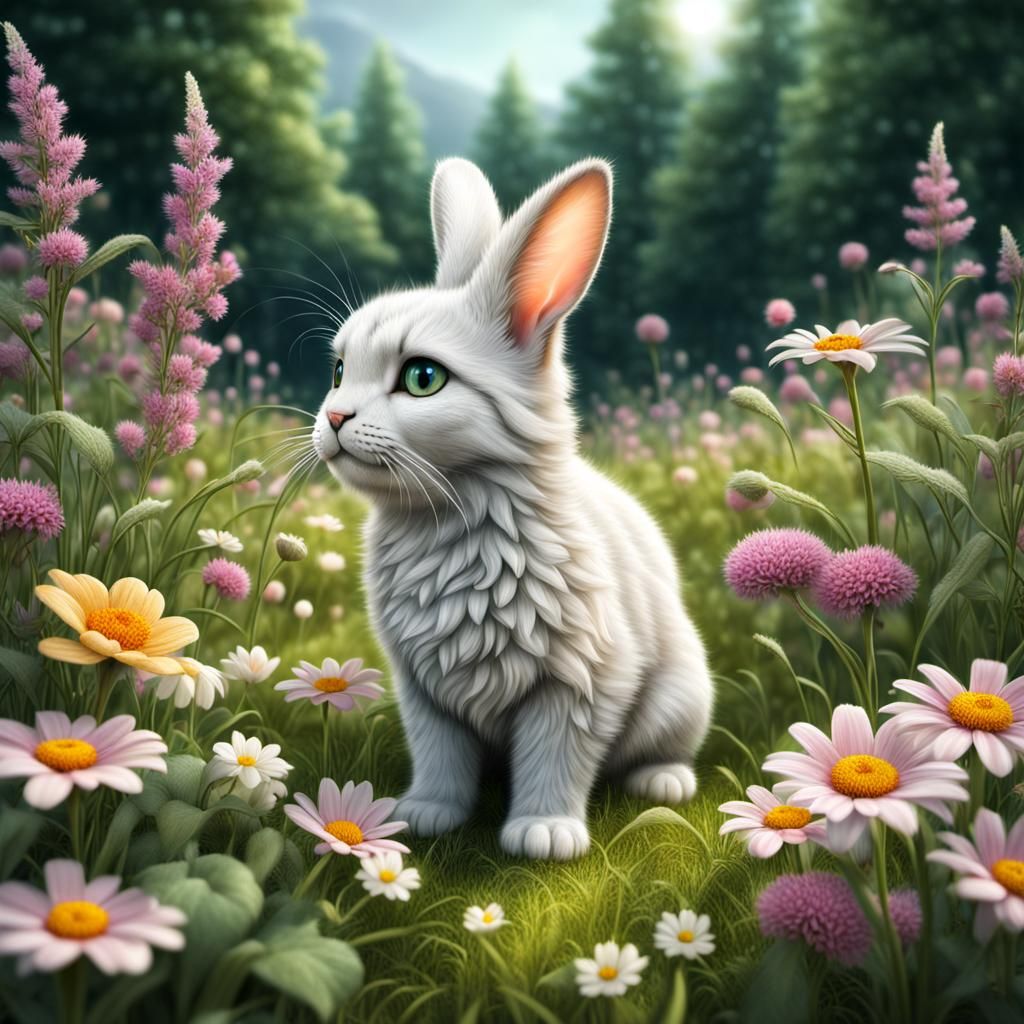 Cute Bunny Cat in a Flower Meadow