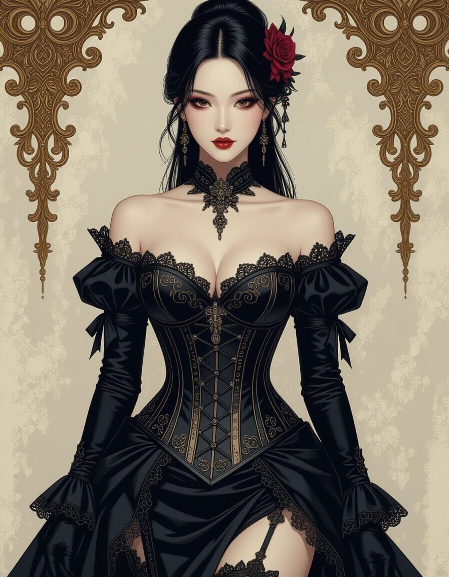Gothic Asian Woman in Ornate Corset, Baroque Style