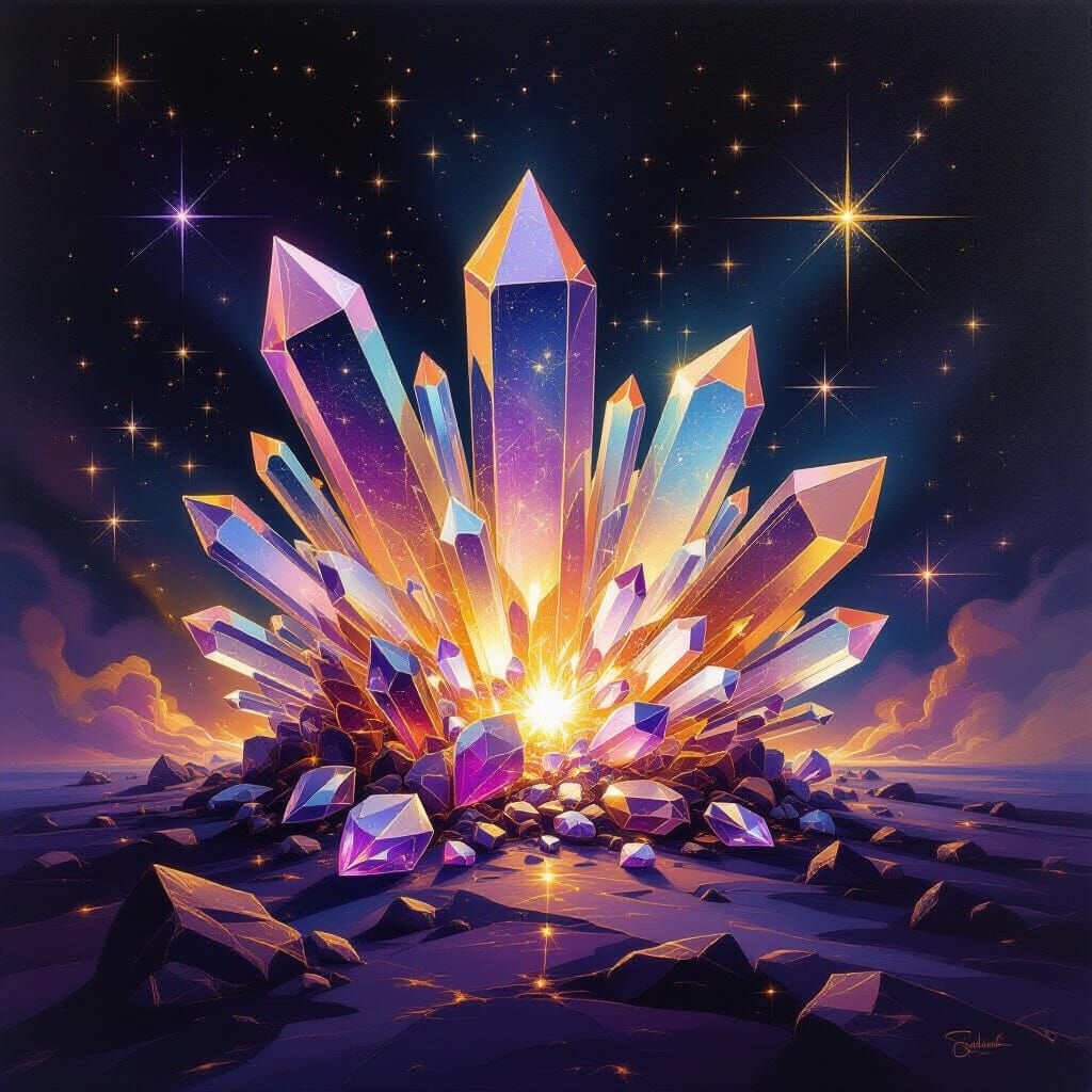 Cosmic Crystal Explosion in Surrealist Oil Painting Style