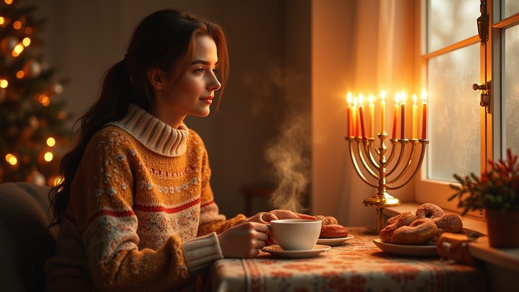 Warm Winter Scene with Hanukkah Menorah and Donuts