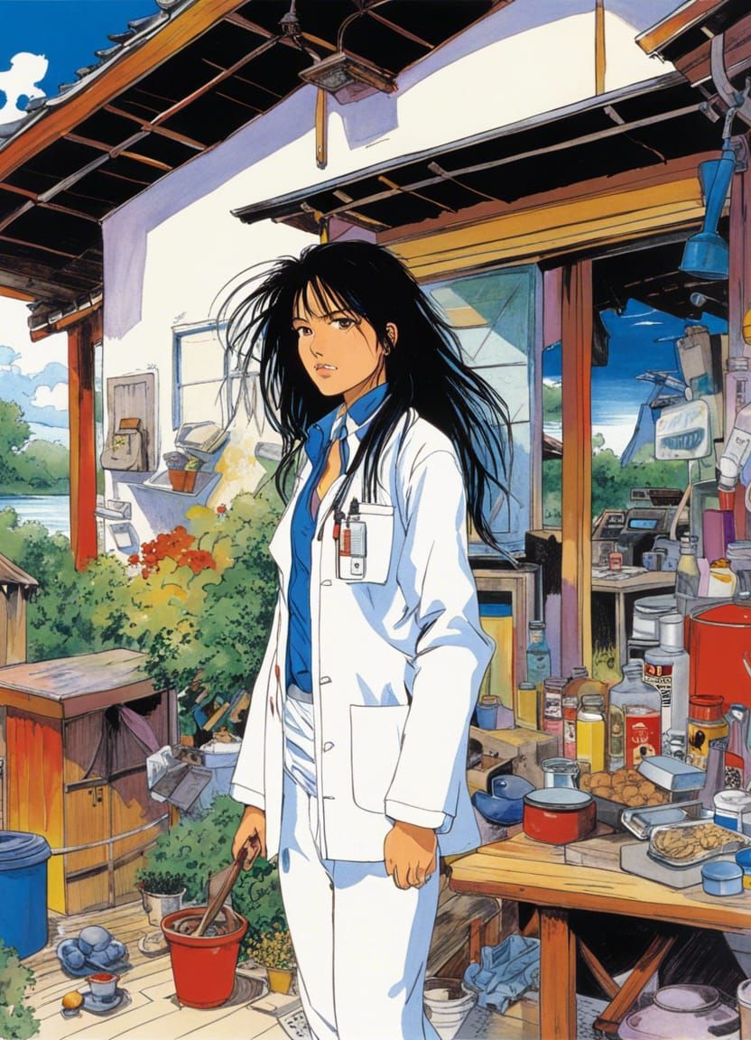 Colorful Lake House Portrait in Manga Style