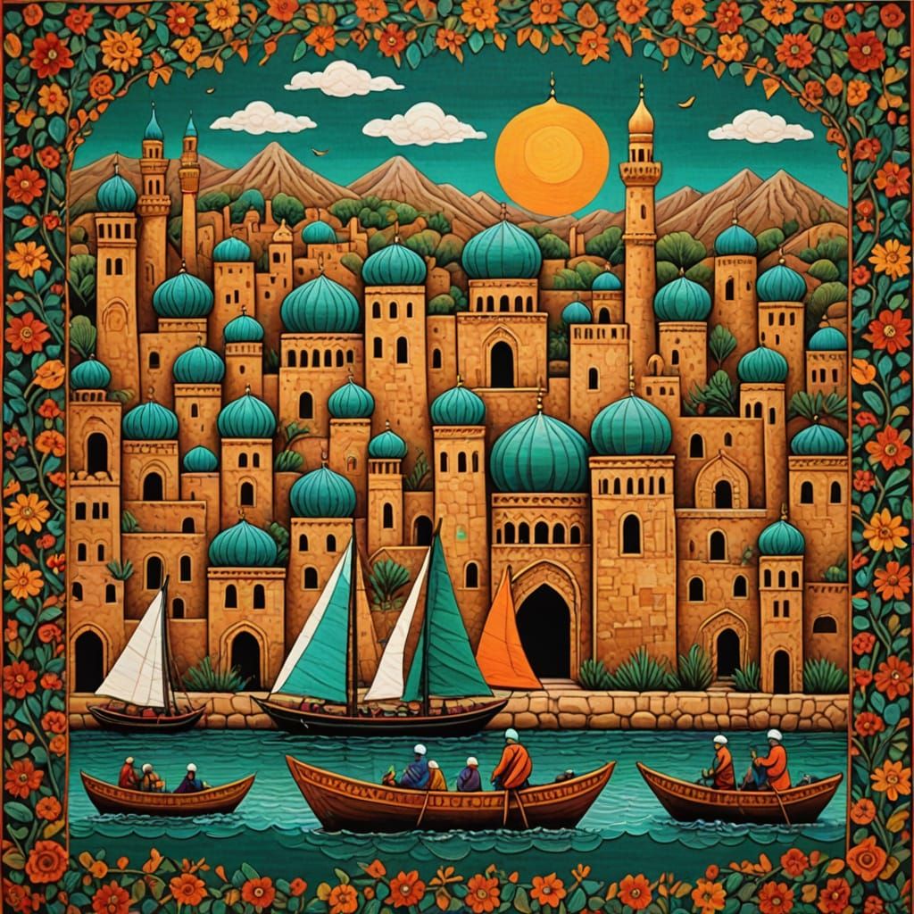 African Fortress Tapestry Art in Sand and Emerald