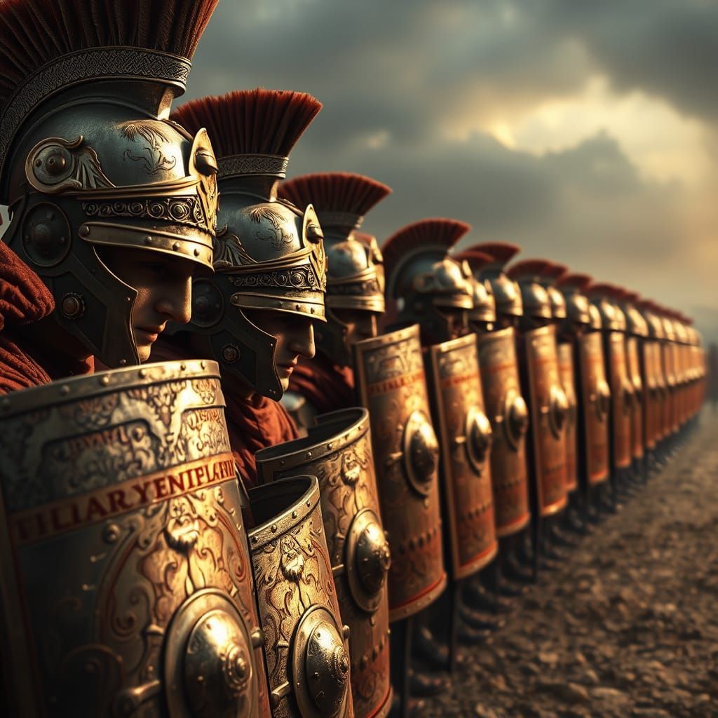 first line of a roman phalanks legion with a line of roman rectangular shields