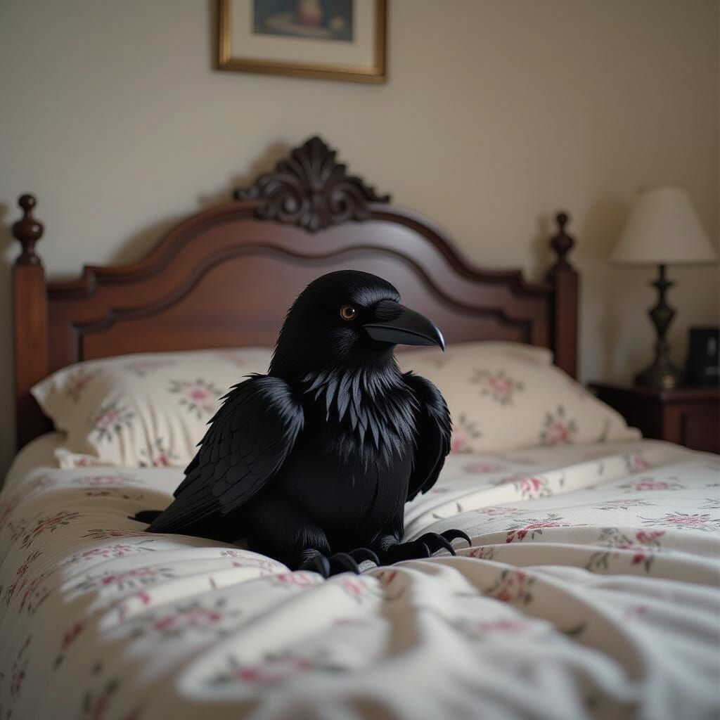Gothic Raven Stuffed Animal on Bed