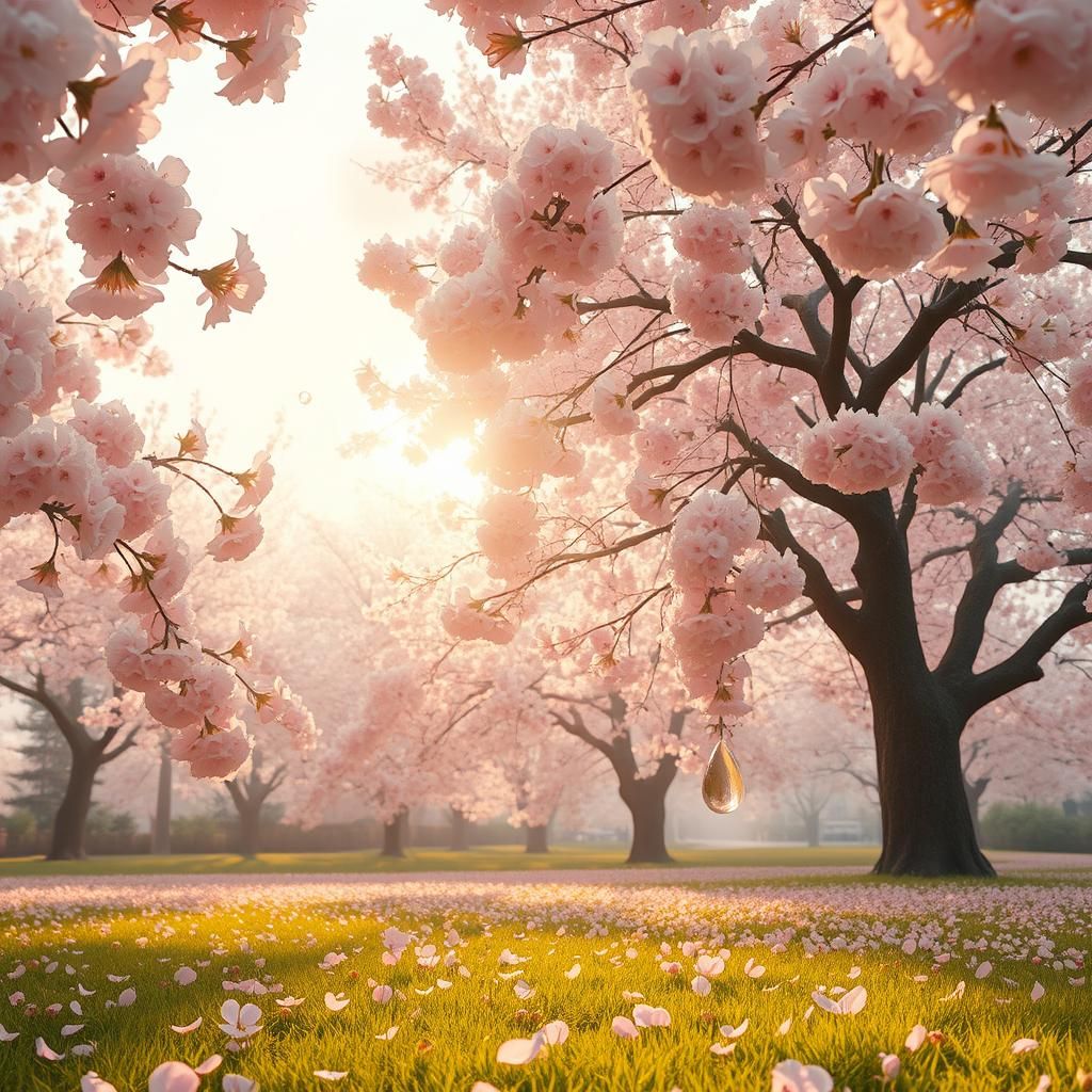 Luminous Water Droplet Among Cherry Blossoms