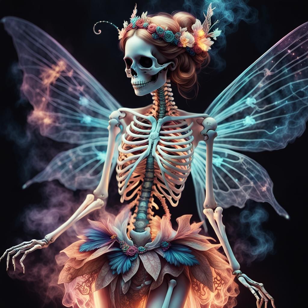 Anatomical Fairy Skeleton Diagram in Oil Painting Style
