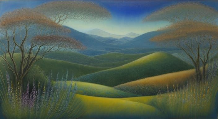 Mystical Watercolor Landscape with Abstract Forms