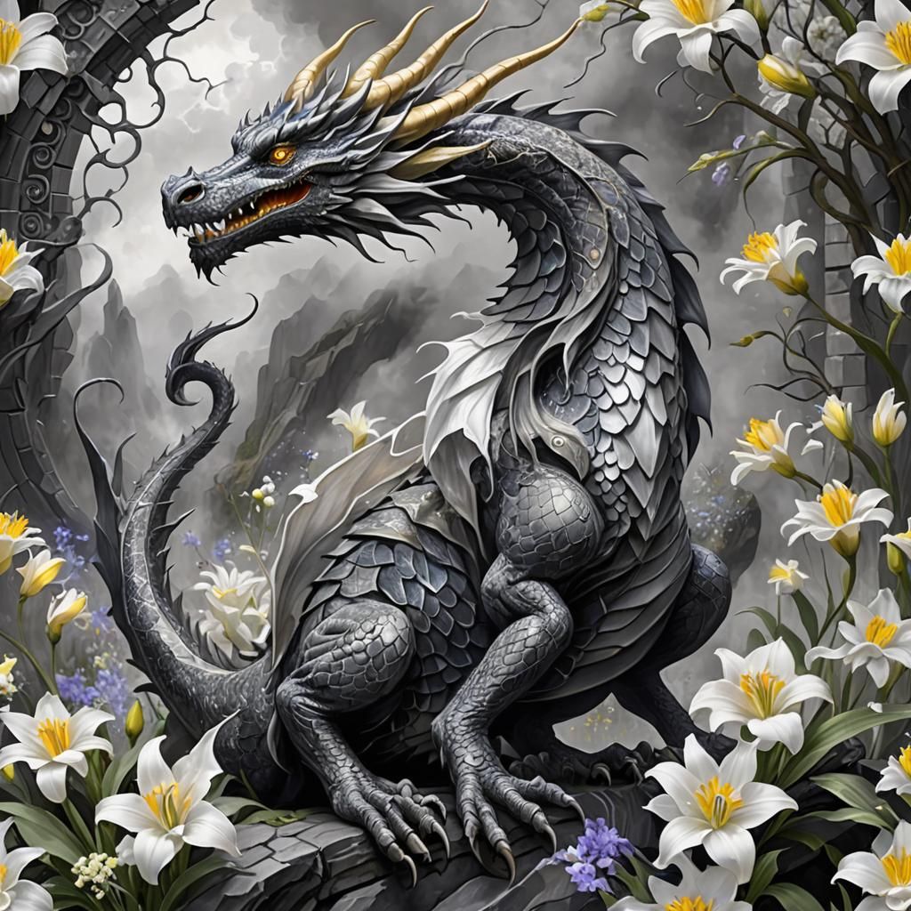 Dragon Protecting Flowers in Grayscale Digital Art
