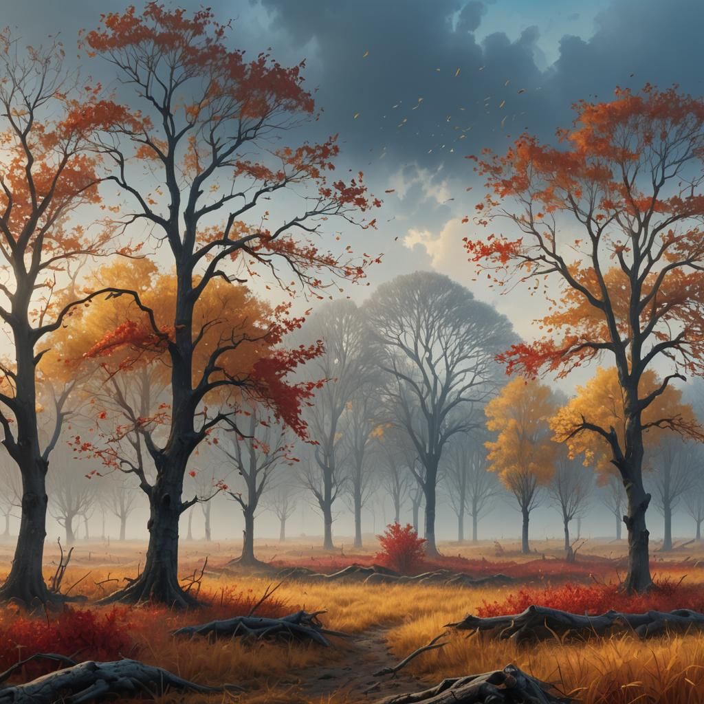 Autumnal Fantasy Landscape with Red Leaves