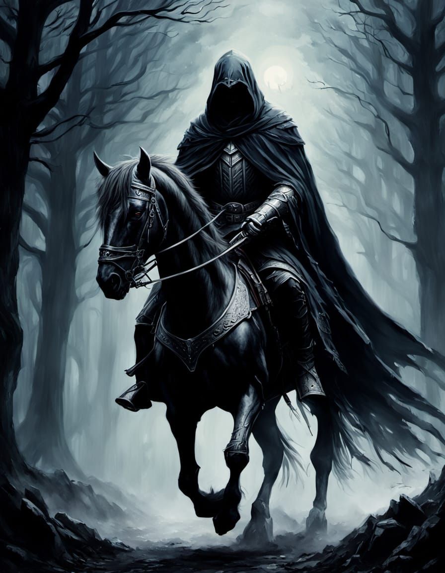 Nazgul Riding Horse in Misty Forest - Gothic Oil Painting