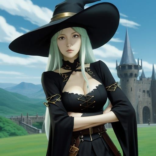 Sorceress in Ghibli-Inspired 90's Anime Style with Wide Brim...