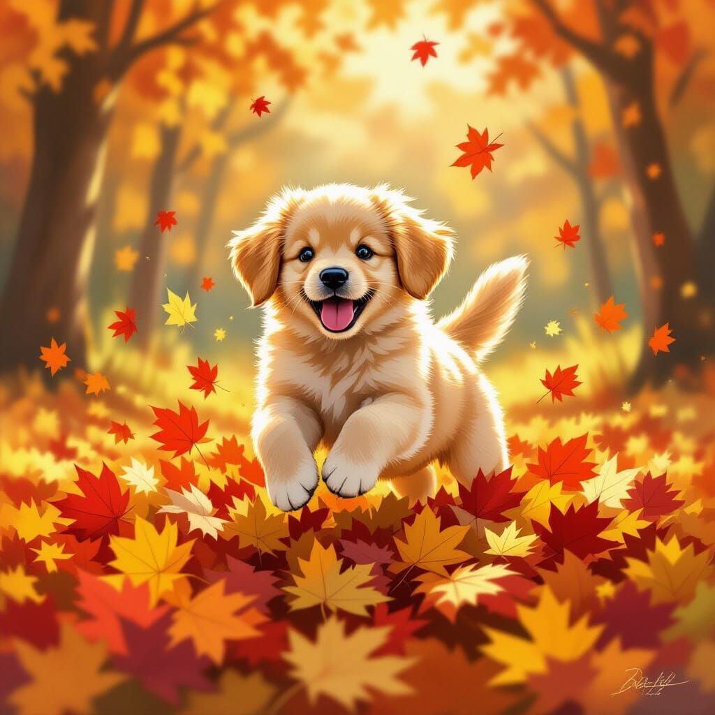Golden Retriever Puppy Leaping in Autumn Leaves