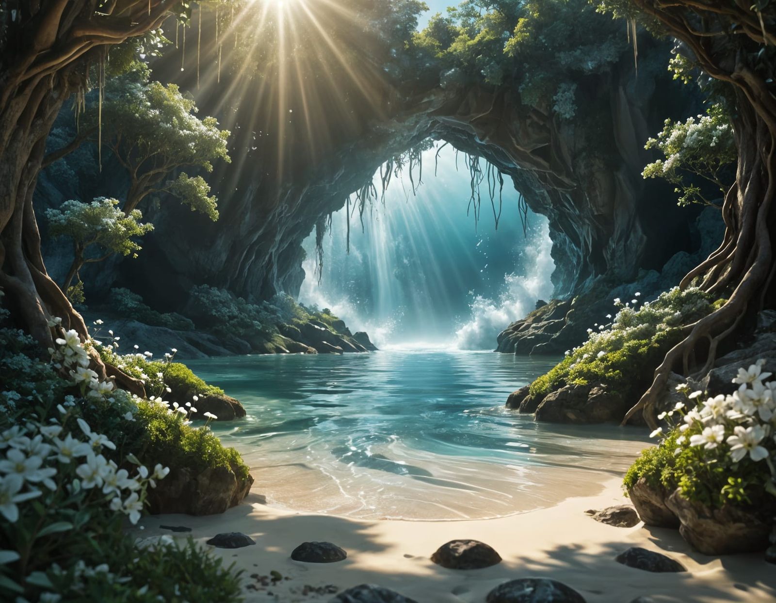 Ethereal Oasis Behind Waterfall in Heavenly Light