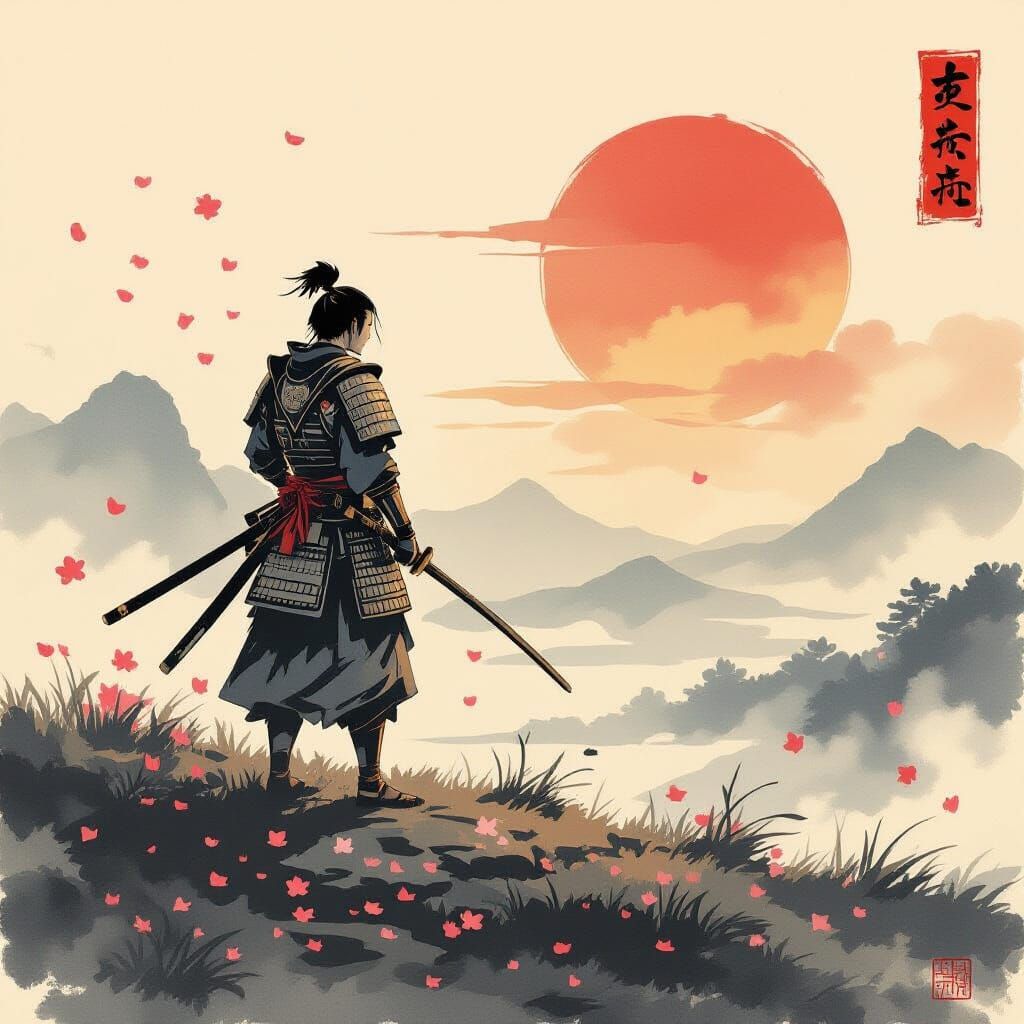 Samurai Warrior at Dawn in Japanese Ink Wash Style