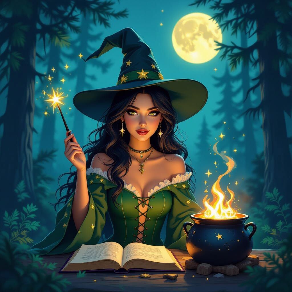 Enchanting Witch Conjures Magic in Moonlit Forest