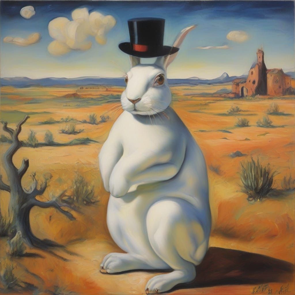 Surreal Cartoon Rabbit Stands in Dreamlike Landscape with El...