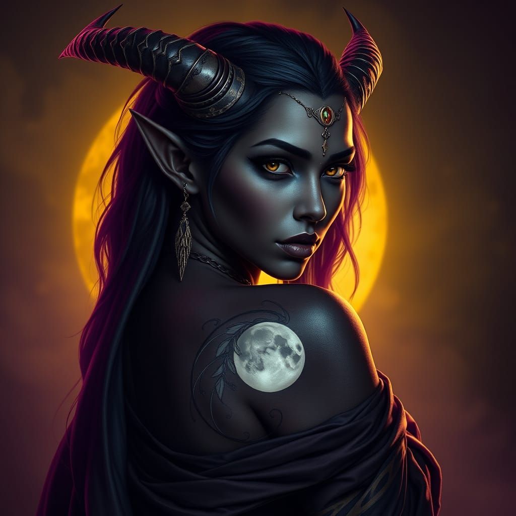Regal Dark Skinned Female Tiefling with Moon Tattoo in Dark ...