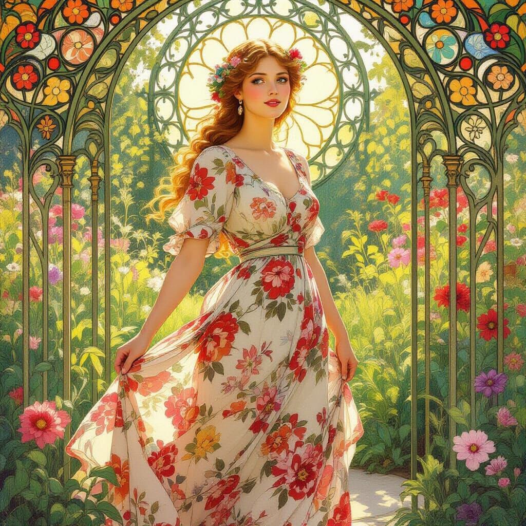 Cordelia in Floral Dress in Sunlit Garden, Art Nouveau Style