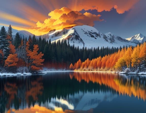 Vivid Sunset Over Mountains and Lake in Hyperrealistic Style