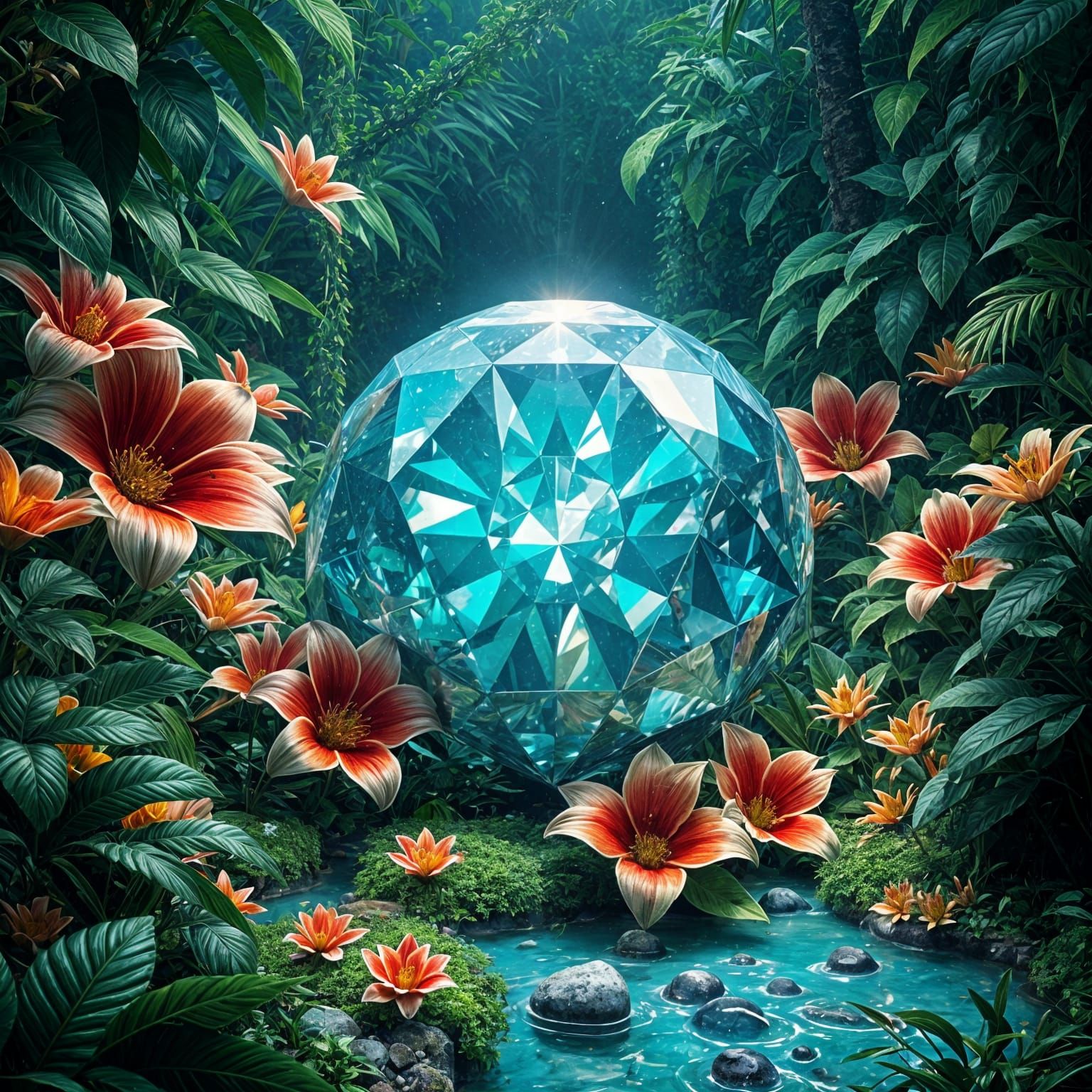 Hyperrealistic Diamond Sphere in a Vibrant Jungle Scene