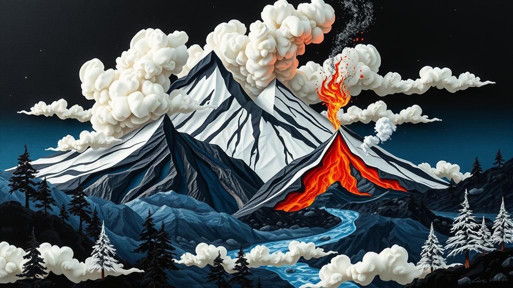 Surreal Landscape: Mountains, Volcano, and River