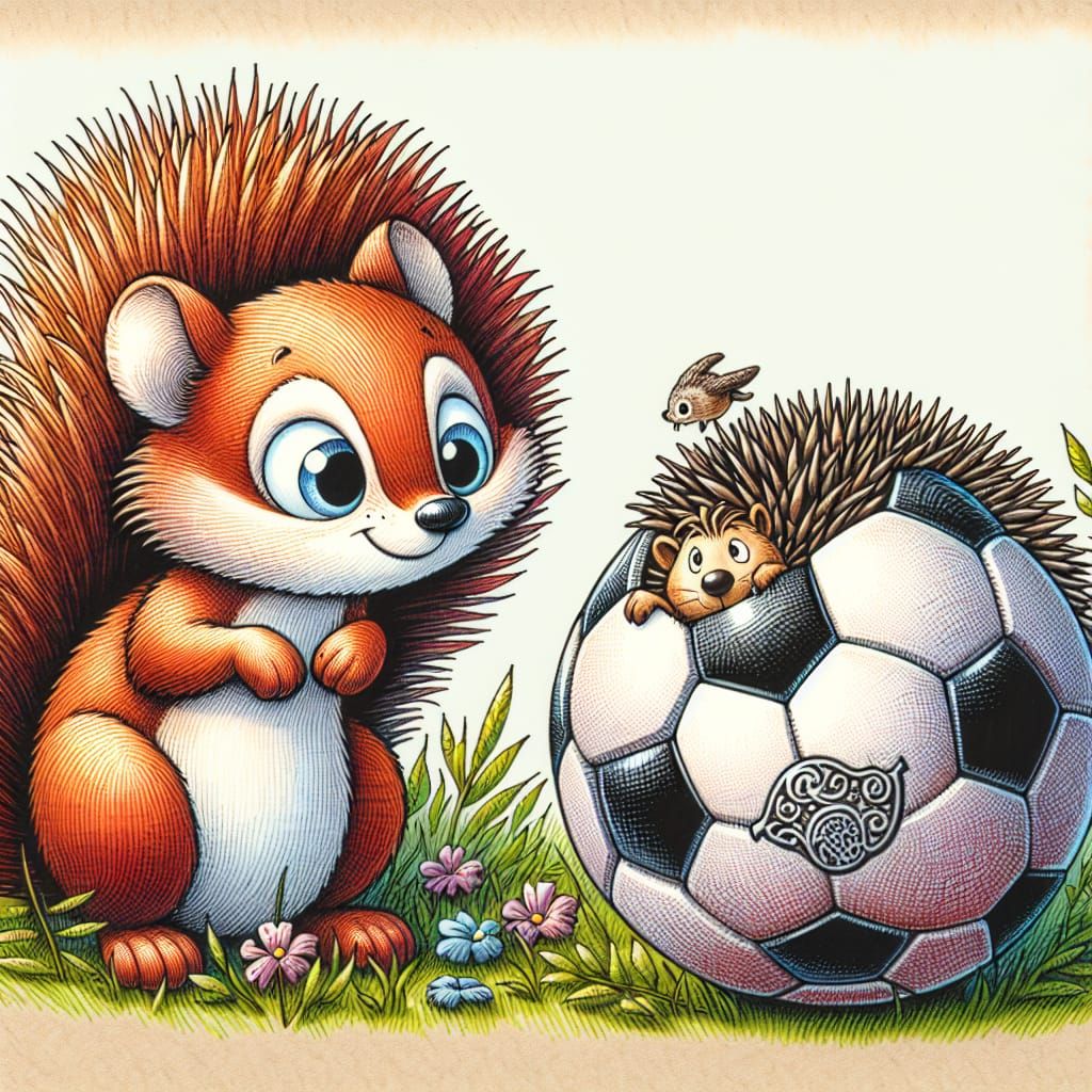 Squirrel and Hedgehog Soccer Mishap in Filigree Illustration