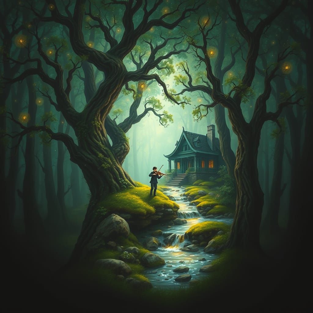 Surreal Forest Landscape Within Human Silhouette, Violinist