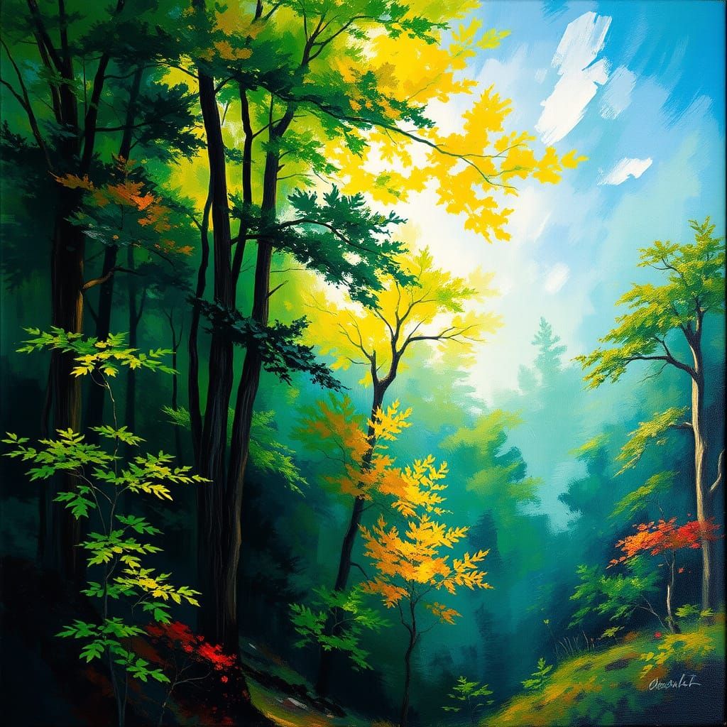 Vibrant Forest Landscape in Impressionist Style with Old Mas...