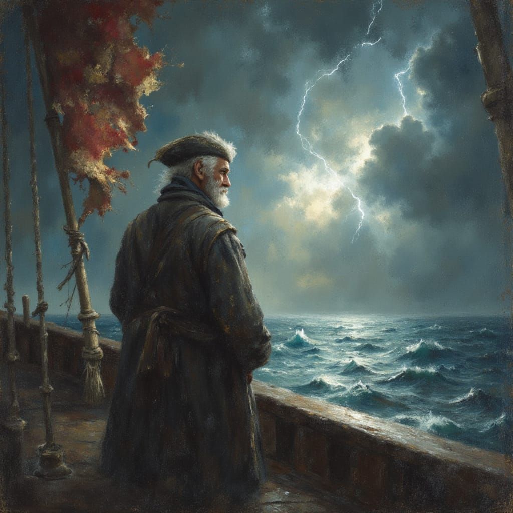 Pirate Captain Gazes at Stormy Seas in Chalk Art Style