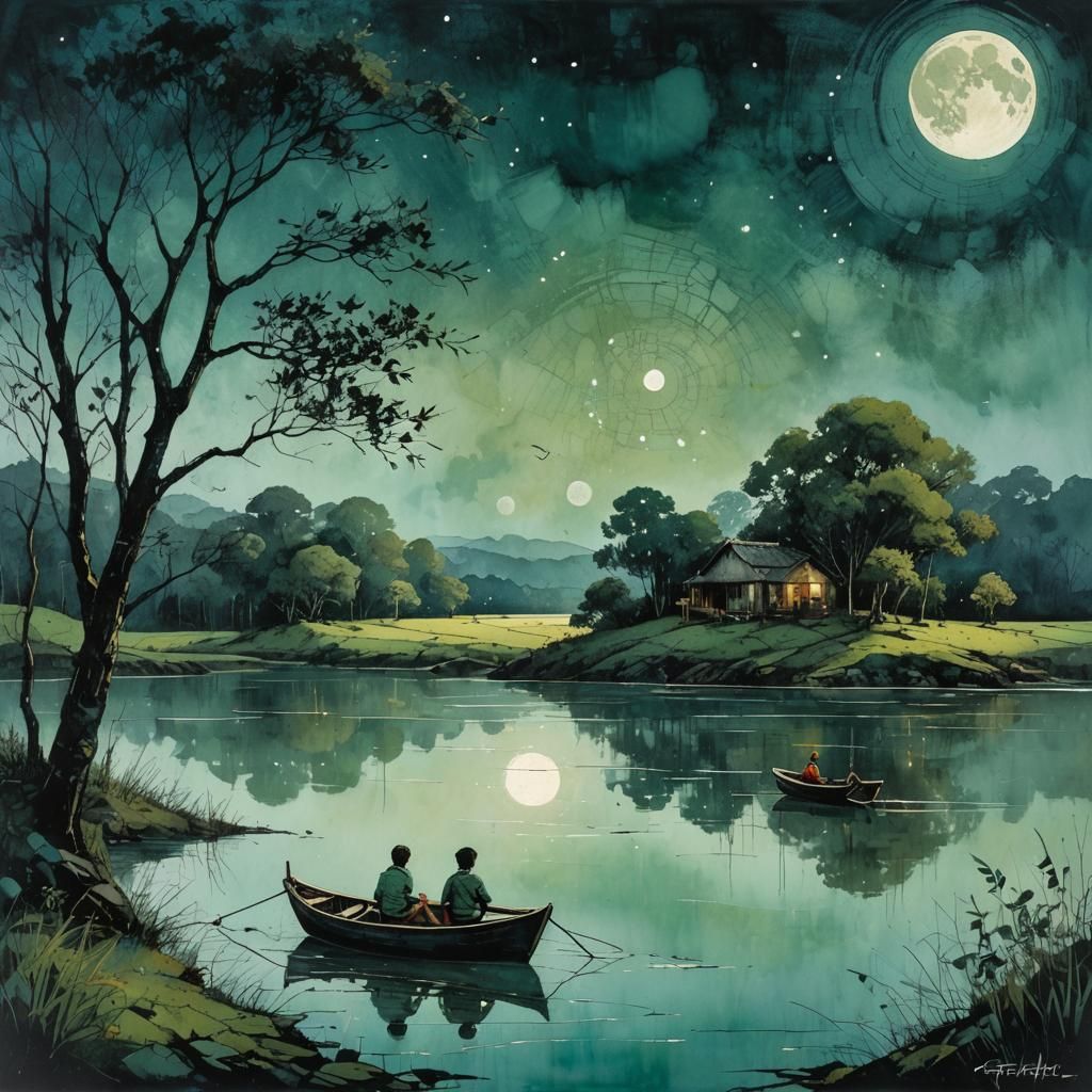 Moonlit Lake Scene with Boys in Art Brut Style