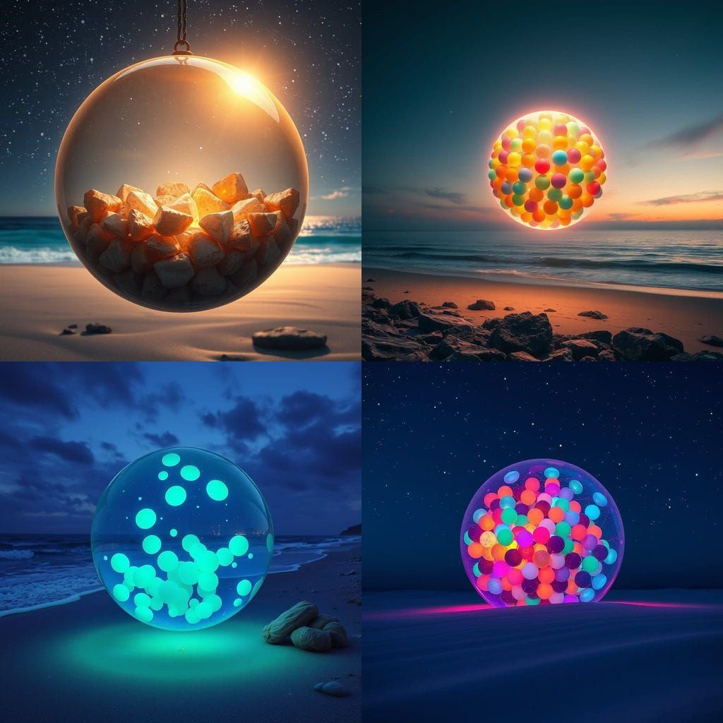 Luminescent Orb of Shimmering Pebbles in Starry Sky and Pris...