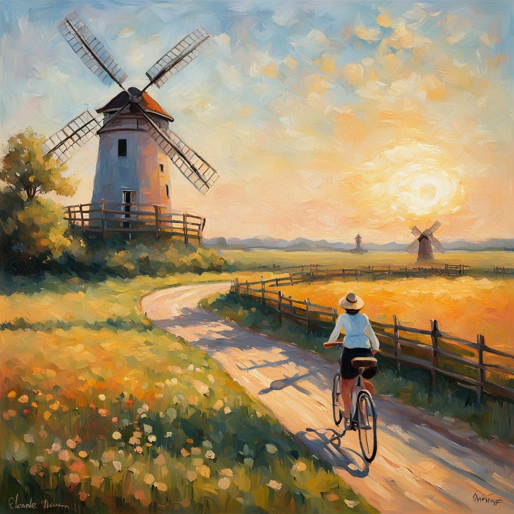landscape, windmill, french lady, fence, bicycle