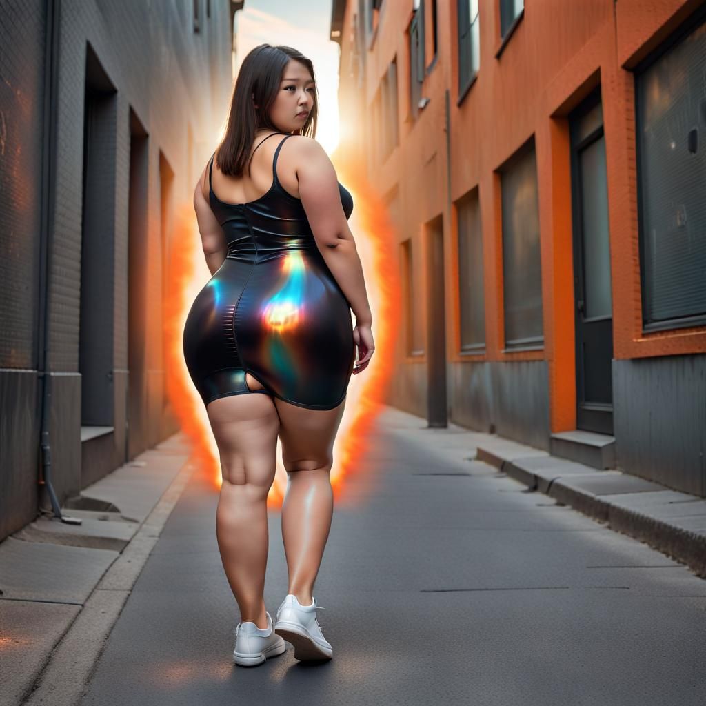 Woman in Iridescent Dress with Orange Aura