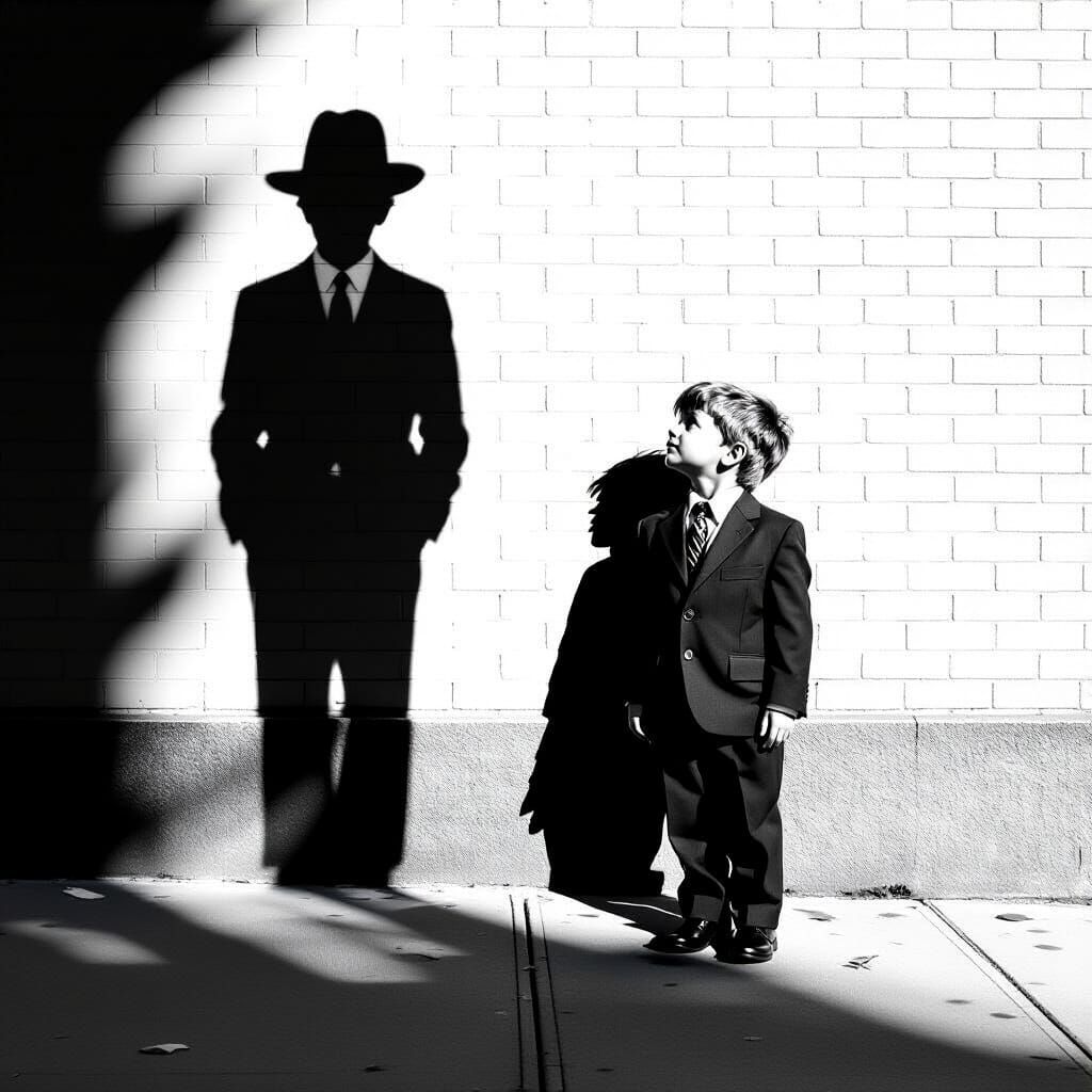 Boy and Bob Dylan Shadow: a Black and White Photograph