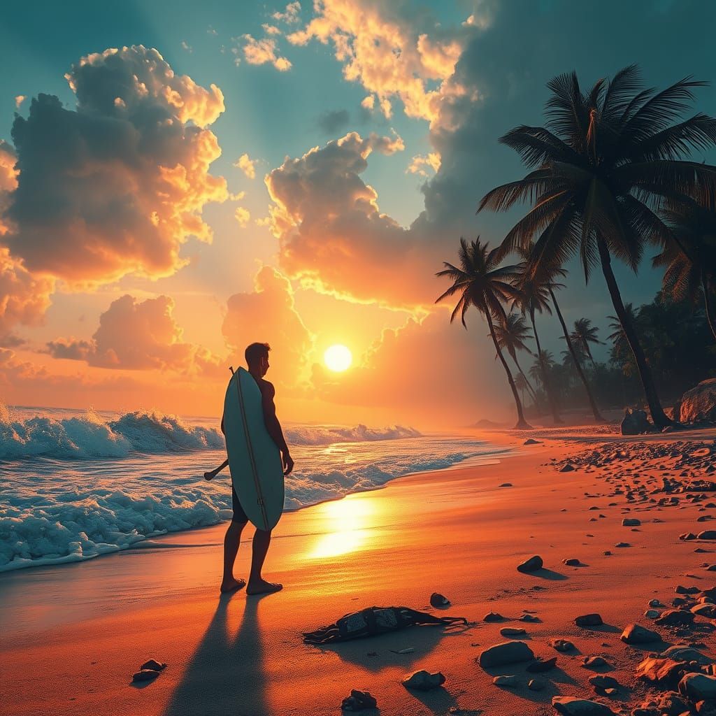 Golden Hour Surfer on Tropical Beach