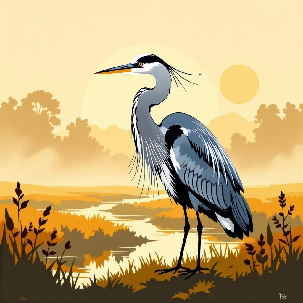 Majestic Heron in Golden Landscape Art